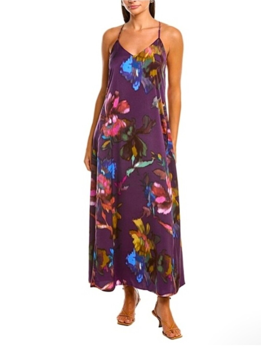 NEW Nicole Miller Purple Floral Silk Satin Maxi Slip Dress V-Neck Size 6